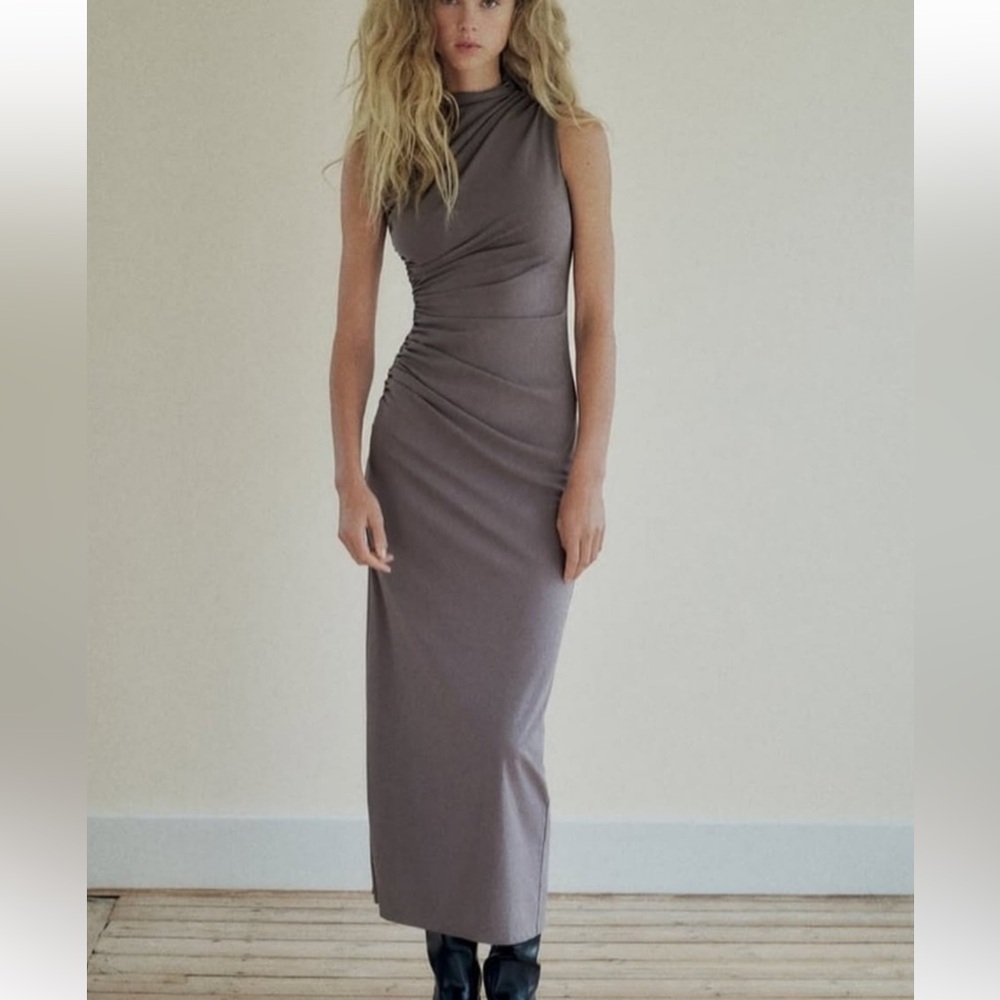 NWT Zara Mock Neck Ruched Drape Maxi Dress